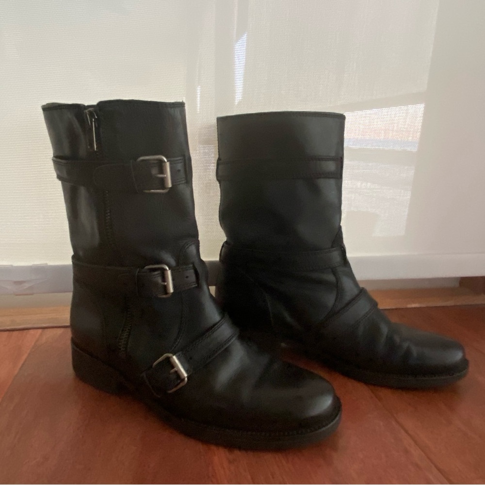 J.Crew mid calf boots chrome buckle, W7 Black Leather upper & lining.